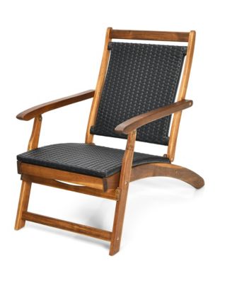 Folding Patio Acacia Wood Deck Chair Rattan Chaise Lounge Chair w/ Footrest