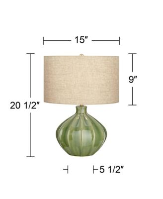 Modern Table Lamp with USB Charging Port 20.5" High Green Ribbed Ceramic Oatmeal Fabric Drum Shade for Bedroom Desk (Color May Vary)