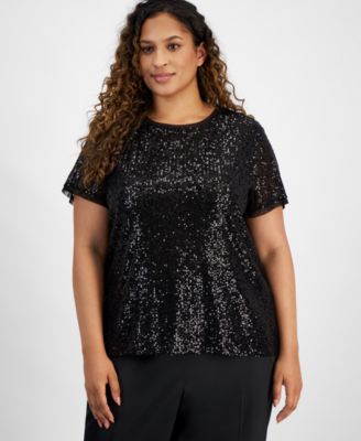 Anne Klein - Plus Size Sequinned Mesh-Trim Short-Sleeve Top