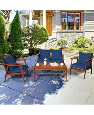 4 Piece Acacia Wood Patio Rattan Furniture Set