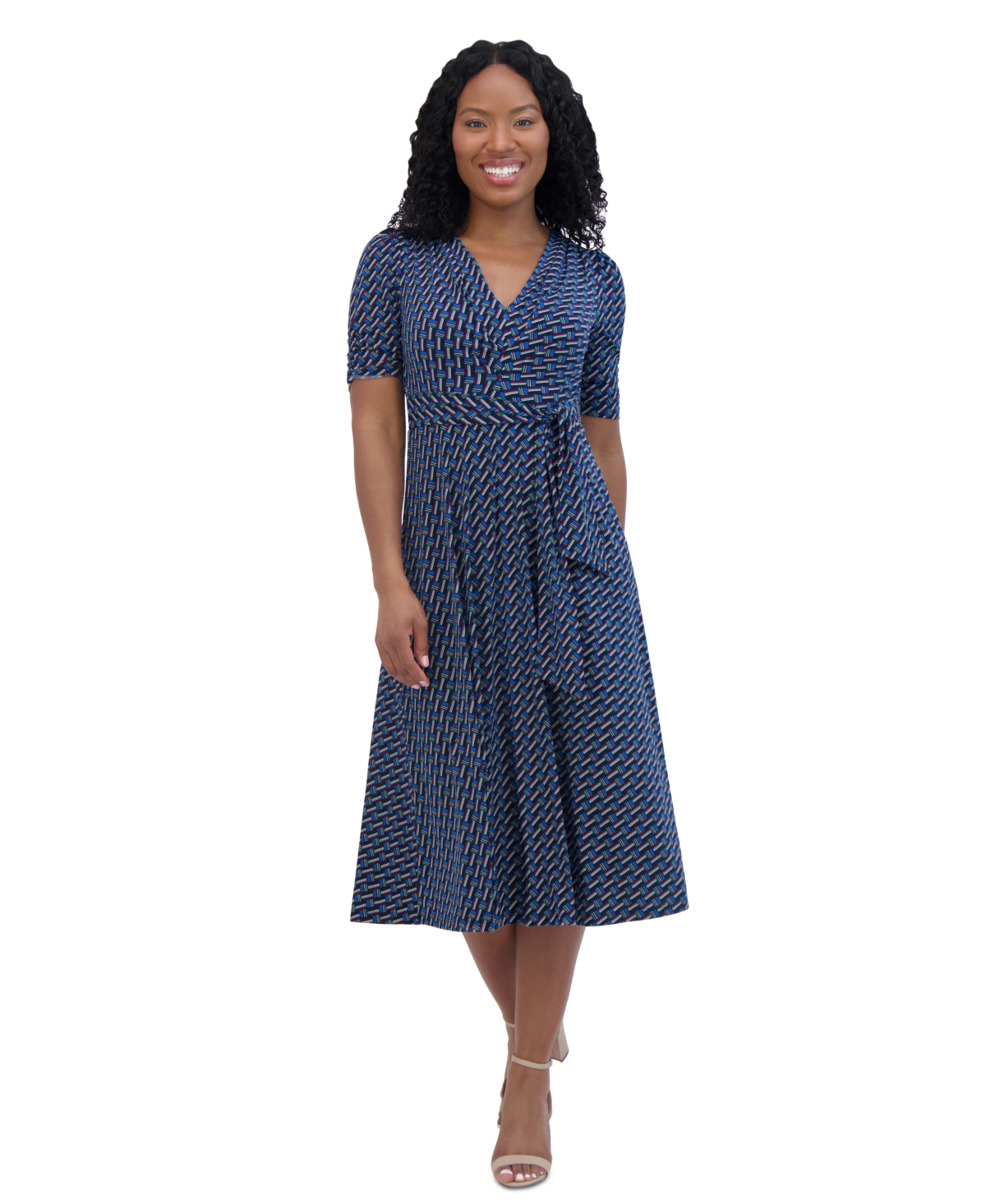 Jessica Howard Petite Pleated V Neck Tie Waist Dress Navy Multi Smart Closet