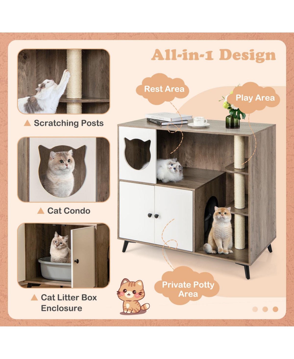 Slickblue Cat Litter Box Enclosure with 3 Sisal Scratching Posts for Indoor Cats-Natural