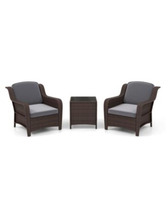 3 Pieces Outdoor Rattan Furniture Set with Cushions and Tempered Glass Coffee Table