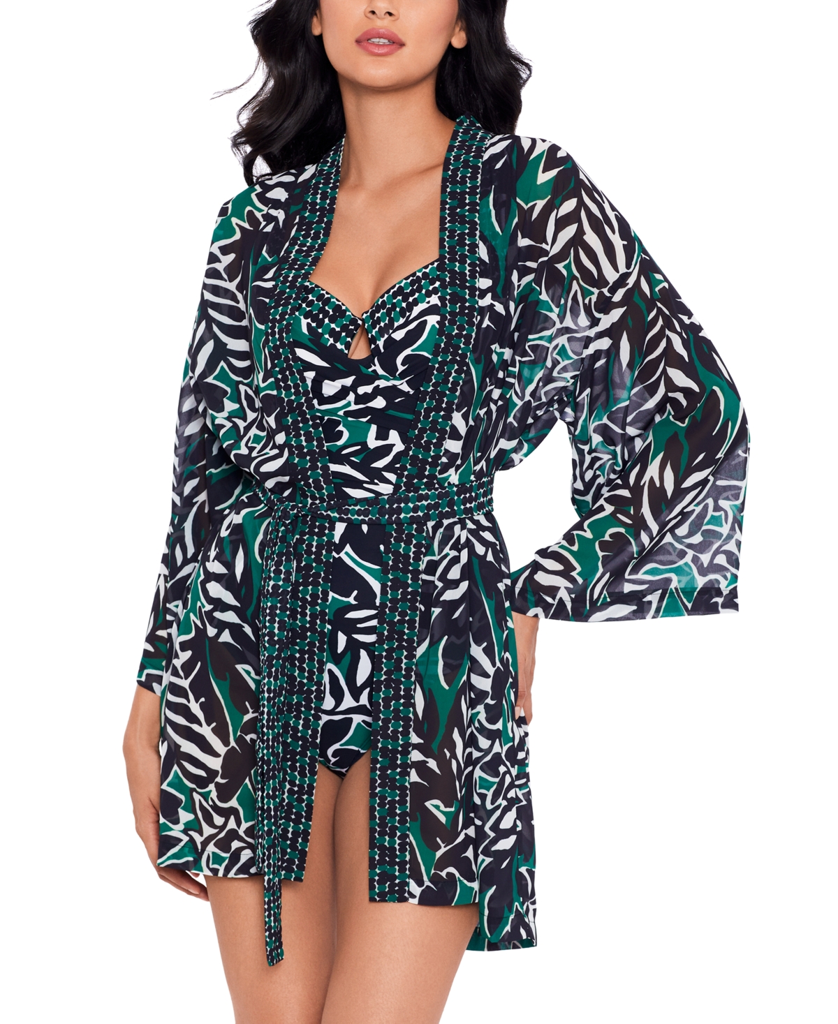 Women's Palma Verde Printed Cover-Up Kimono - Black/Green Multi