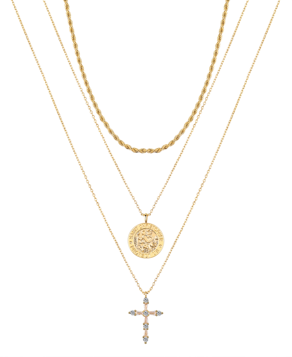 Cubic Zirconia Saint Christopher Cross Layered Pendant Necklace Set - Gold