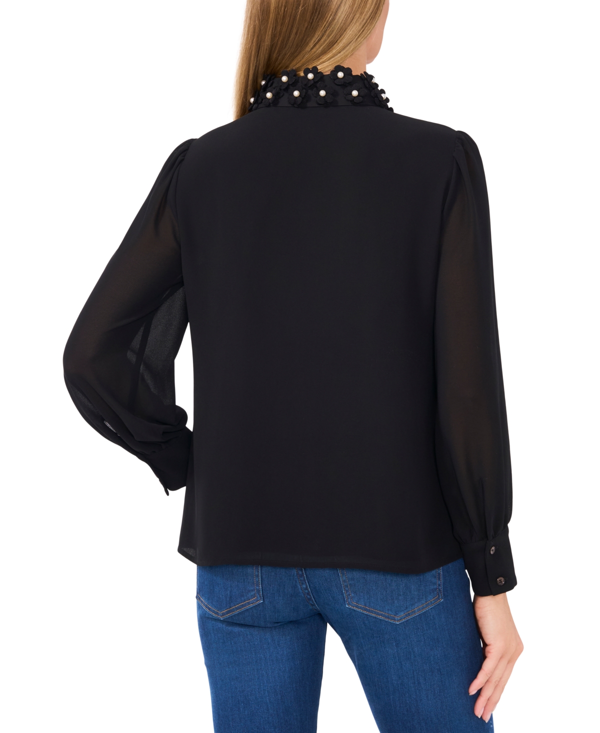 CeCe Women's Floral-Applique Collared Long-Sleeve Blouse