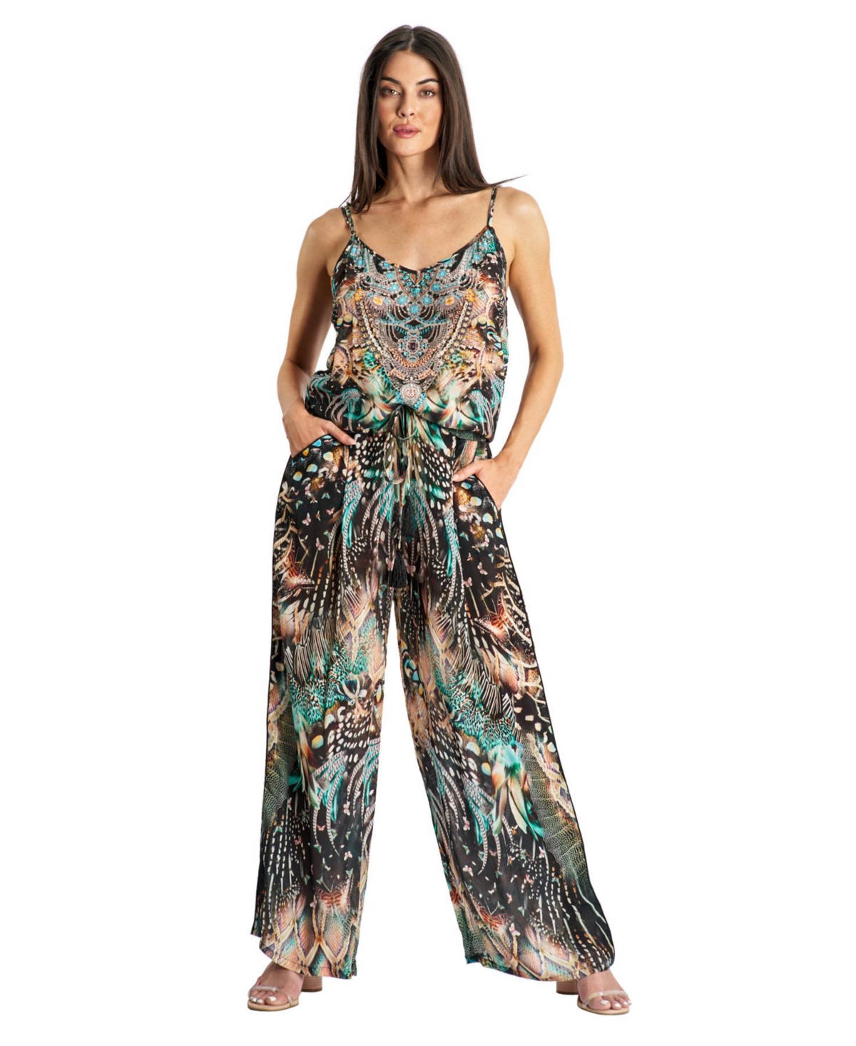 Women's 2 Piece Printed Pants Set - Black / green