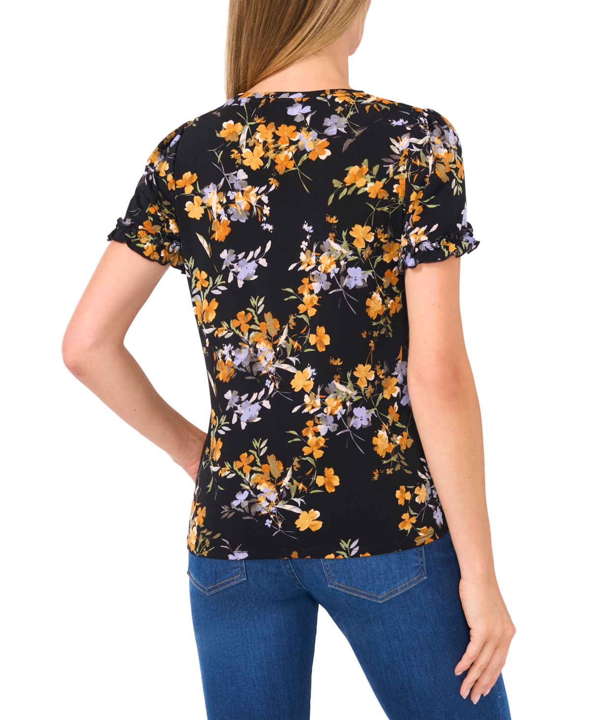 CeCe Women's Short-Sleeve Crewneck Ruffle-Cuff Knit Top