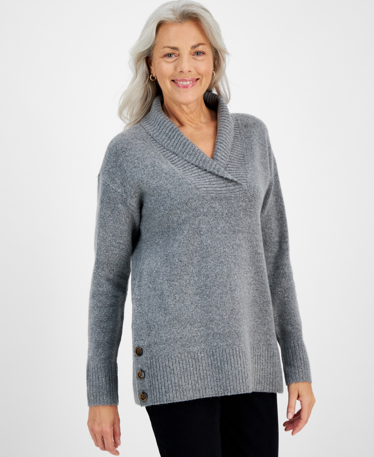 Style & Co Women's Shawl Collar Button-hem Tunic Sweater, Created For Macy's In Grey