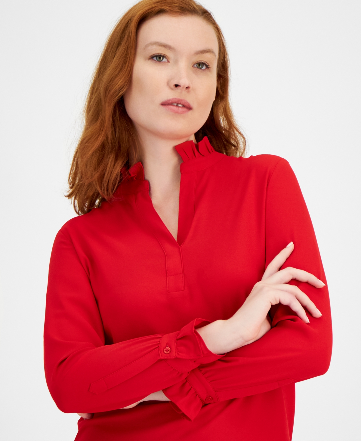 Anne Klein Women's Notched Ruffled-Neck Long-Sleeve Top