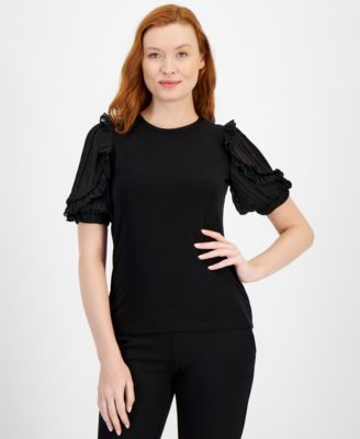 Anne Klein - Women's Ruffled Puff-Sleeve Crewneck Top