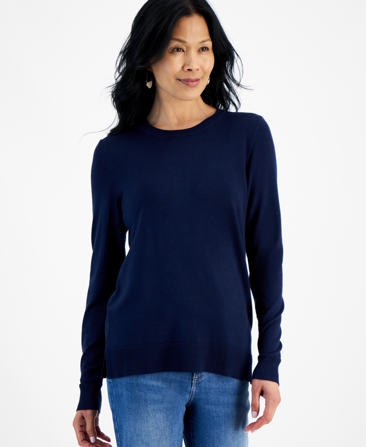 Women's Fine Gauge Crewneck Long-Sleeve Sweater, Created for Macy's - Industrial Blue