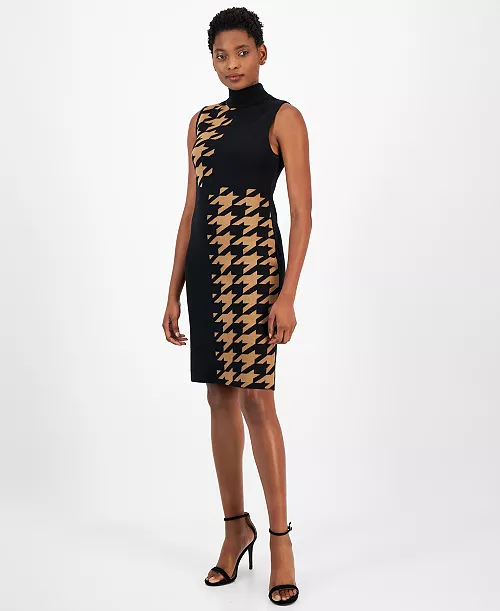 women's houndstooth mock neck sleeveless dress