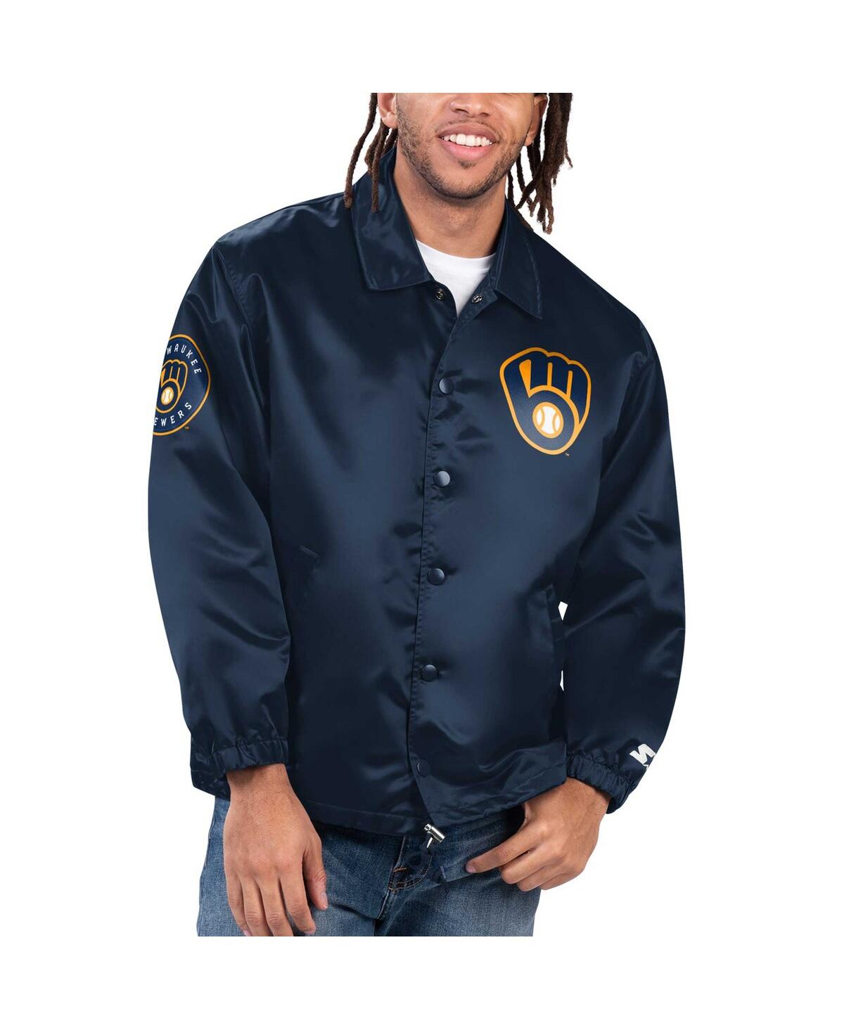 Men's Navy Milwaukee Brewers Option Route Satin Full-Snap Jacket - Navy