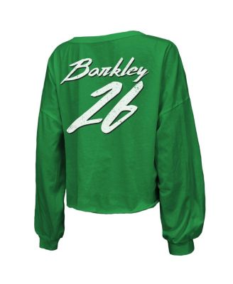 Women's Threads Saquon Barkley Kelly Green Philadelphia Eagles Name Number Off-Shoulder Script Cropped Long Sleeve V-Neck T-Shirt