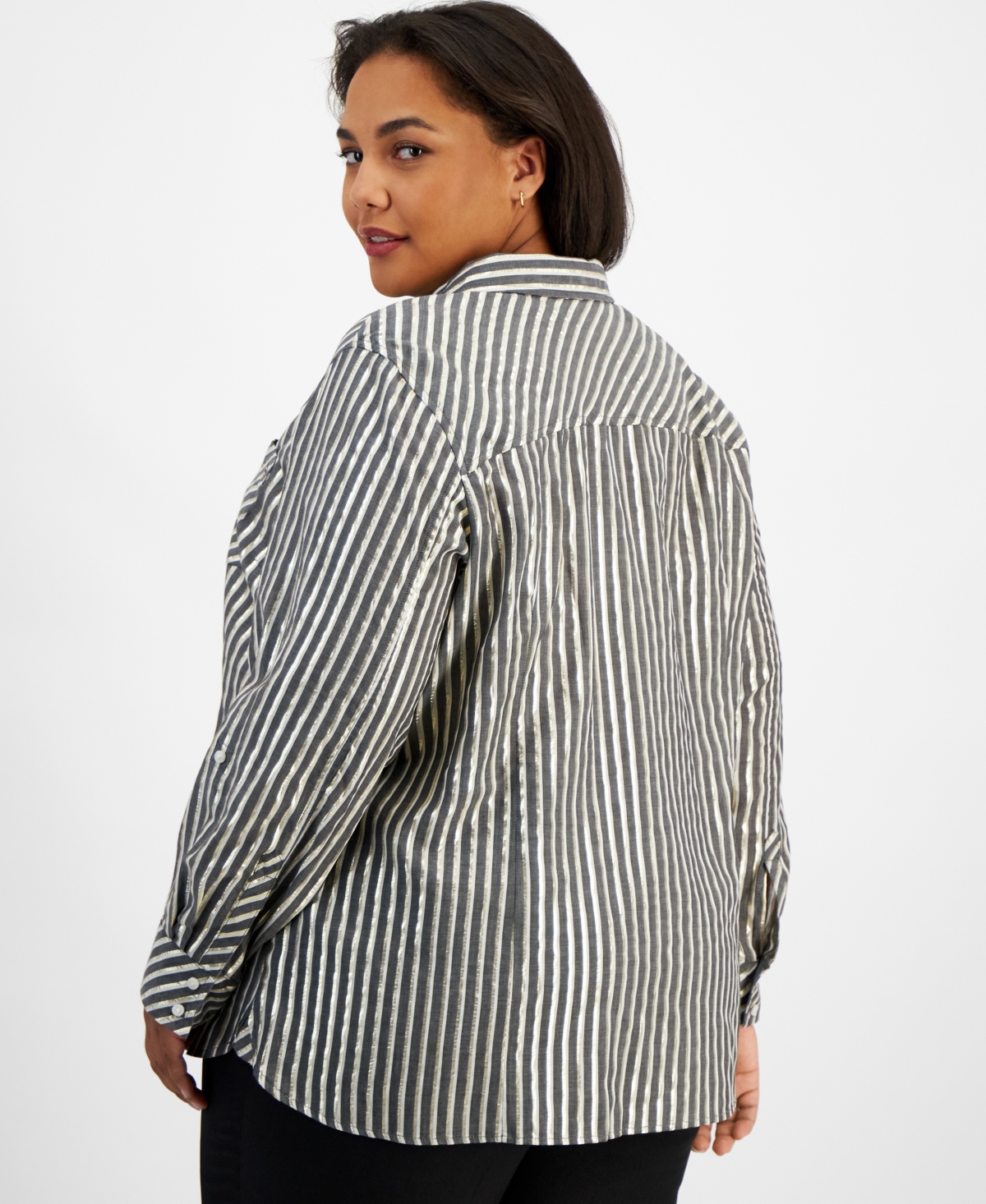 Tommy Hilfiger Plus Size Shimmer Shadow Striped Button-Front Shirt -Gold