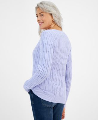 Petite Cotton Cable-Knit V-Neck Sweater, Created for Macy's 