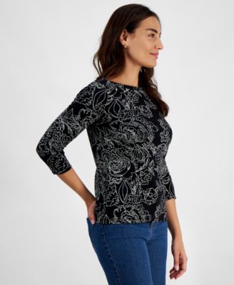 Petite Printed 3/4-Sleeve Knit Top, Created for Macy's 