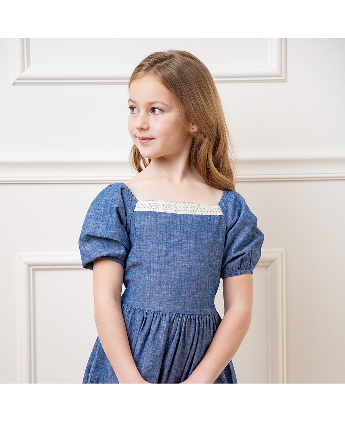 Hope & Henry Girls' Short Bubble Sleeve Crochet TrimDress, Toddler - Chambray