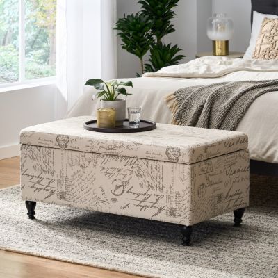 French Script Linen Storage Ottoman