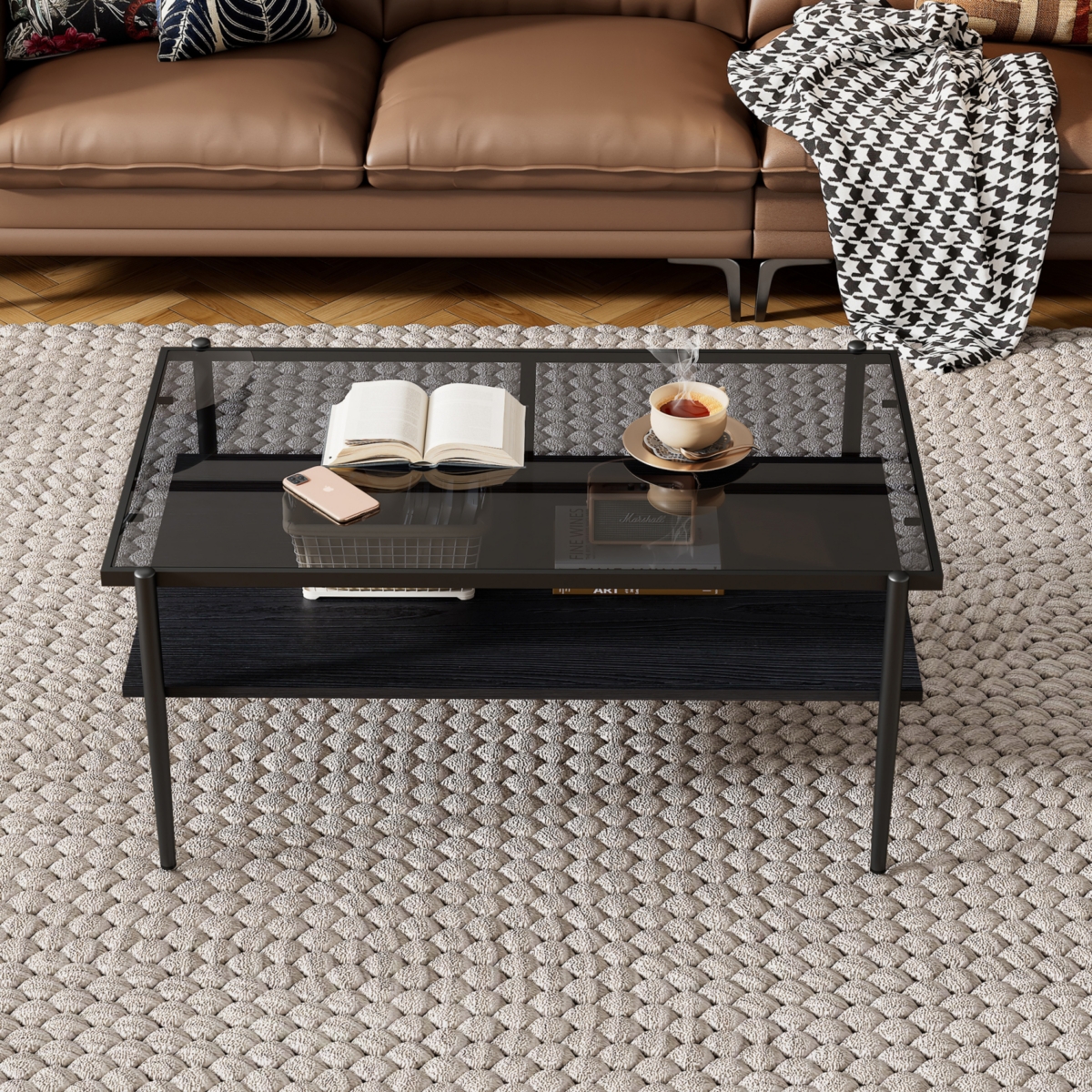 Streamdale Furniture Modern Glass Coffee Table with Black Legs