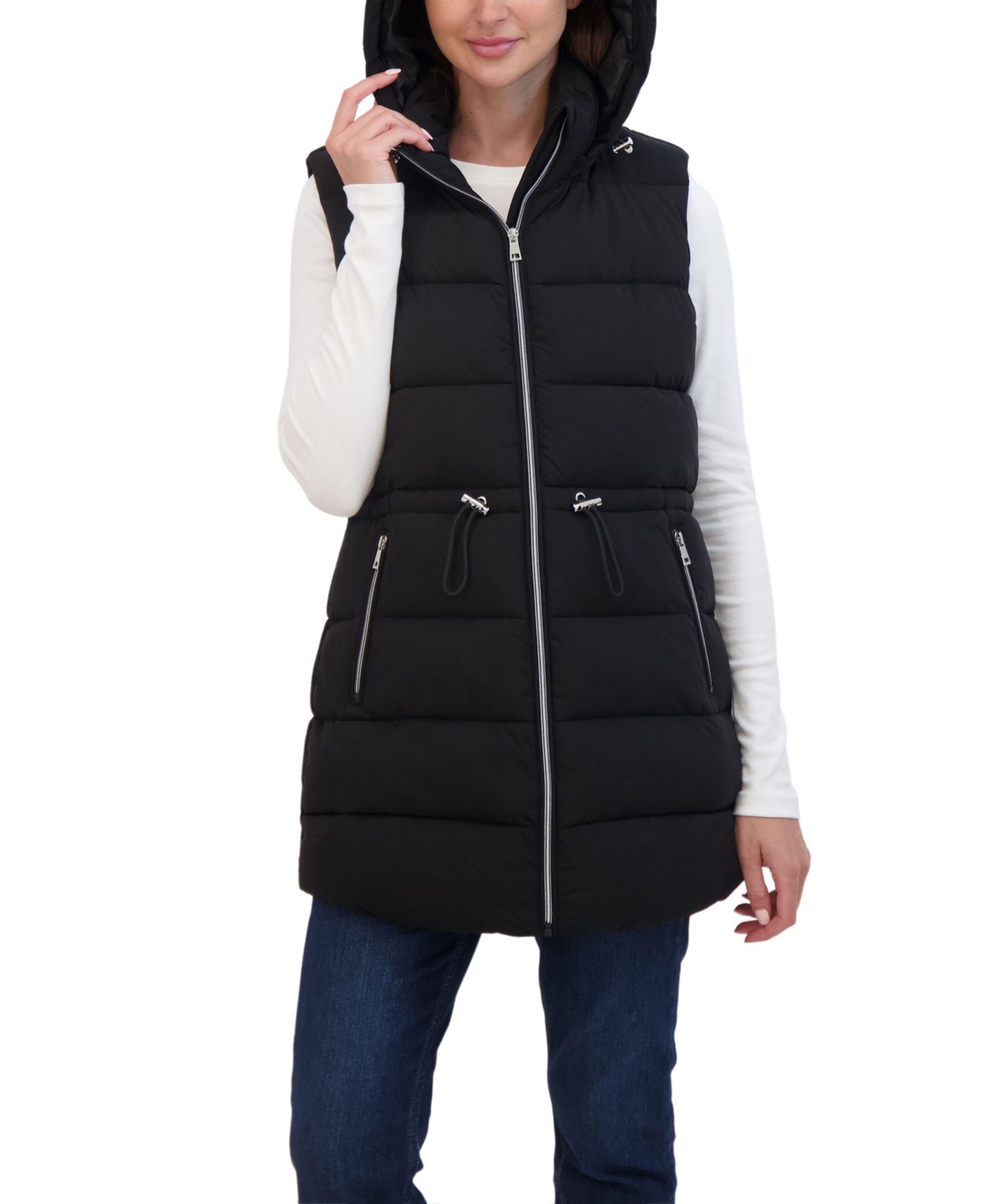 Женский жилет Sebby Collection 3/4 Hooded Stretch Puffer Vest With Drawstring Waist, цвет: Чёрный — фото 3