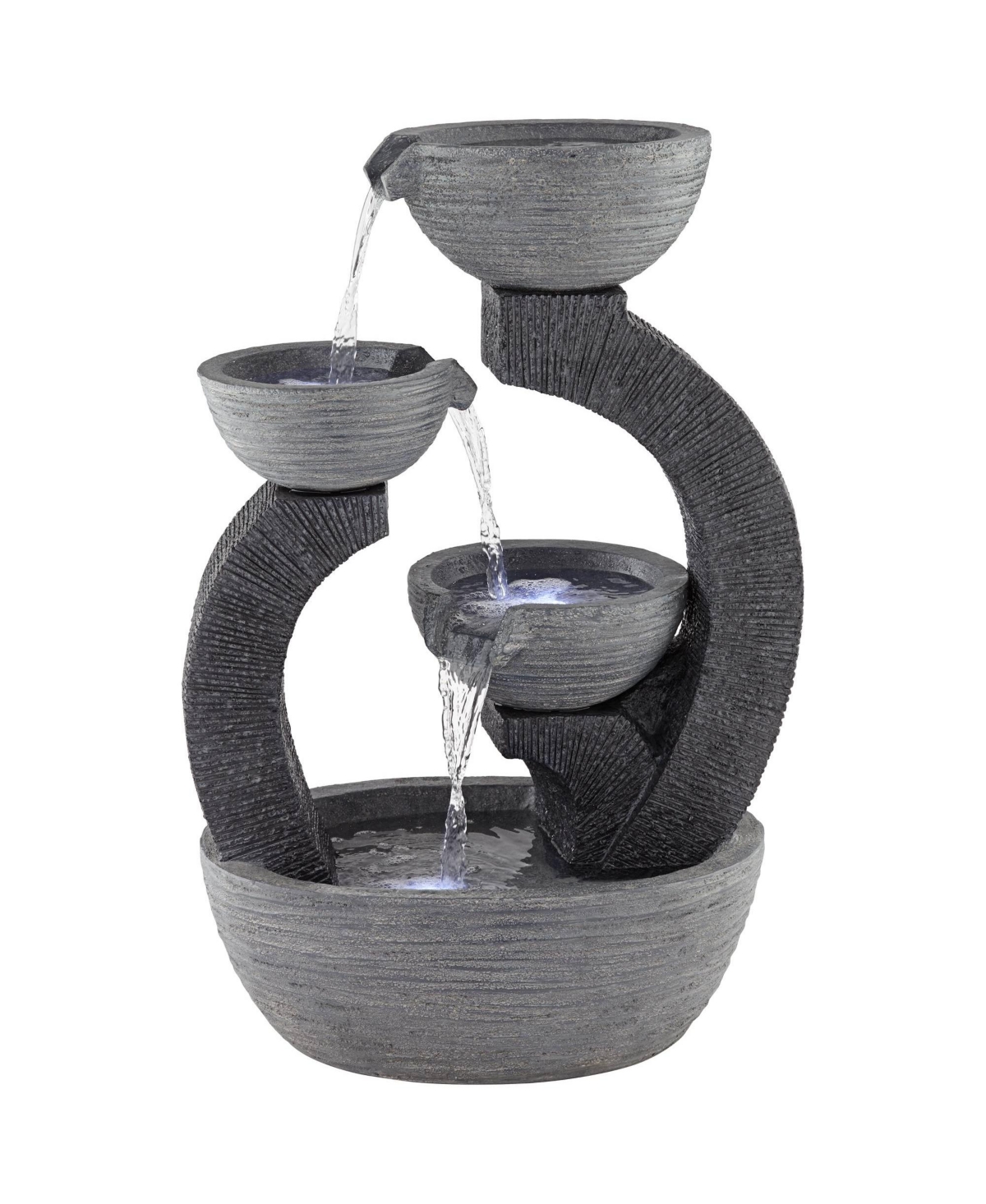 Three Cup Japanese Style Outdoor Floor Water Fountain with Light Led 31 1/2" High Gray Faux Stone Cascading for Patio Backyard Deck Ho