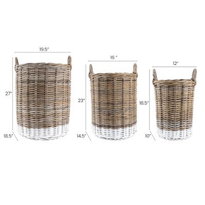 Ternion Cottage Hand-Woven Rattan Nesting Baskets with Handles, Kubu Gray/White (Set of 3)