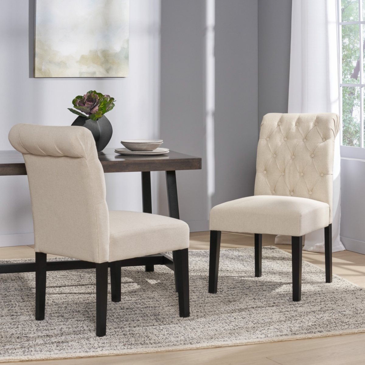 Streamdale Ivory Linen Tufted Rolltop Dining Chairs (Set Of 2)