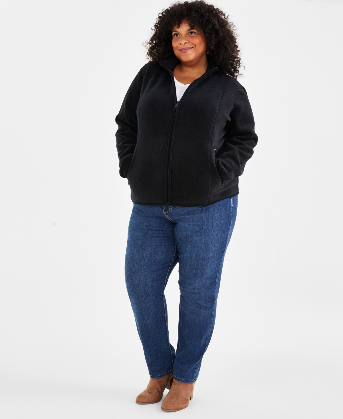 Style & Co Plus Solid Polar Fleece Zip-Front Jacket, Exclusively at Macy's