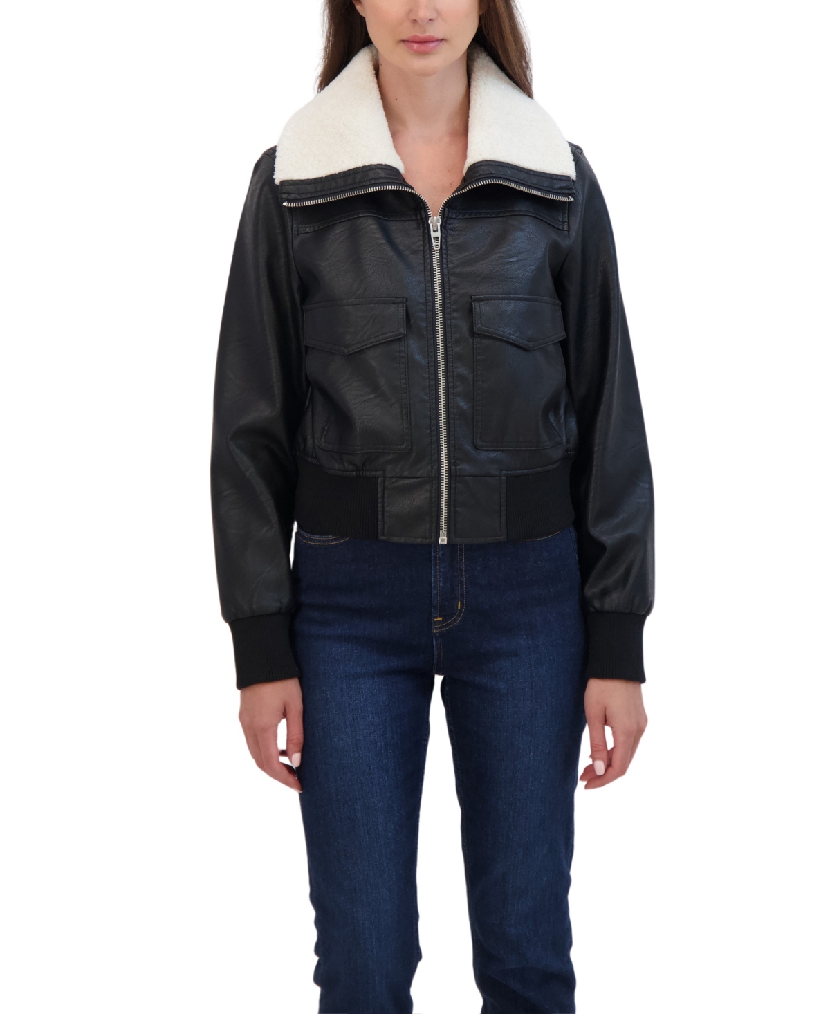Women's Faux Leather Bomber With Faux Fur Collar - Black