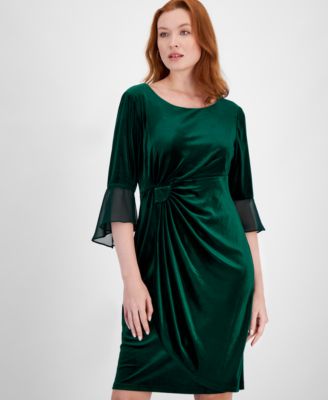 Women's Velvet Side-Gathered Bell-Sleeve Dress