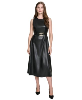 Halston - Women's Faux-Leather Belted Sleeveless Midi Dress