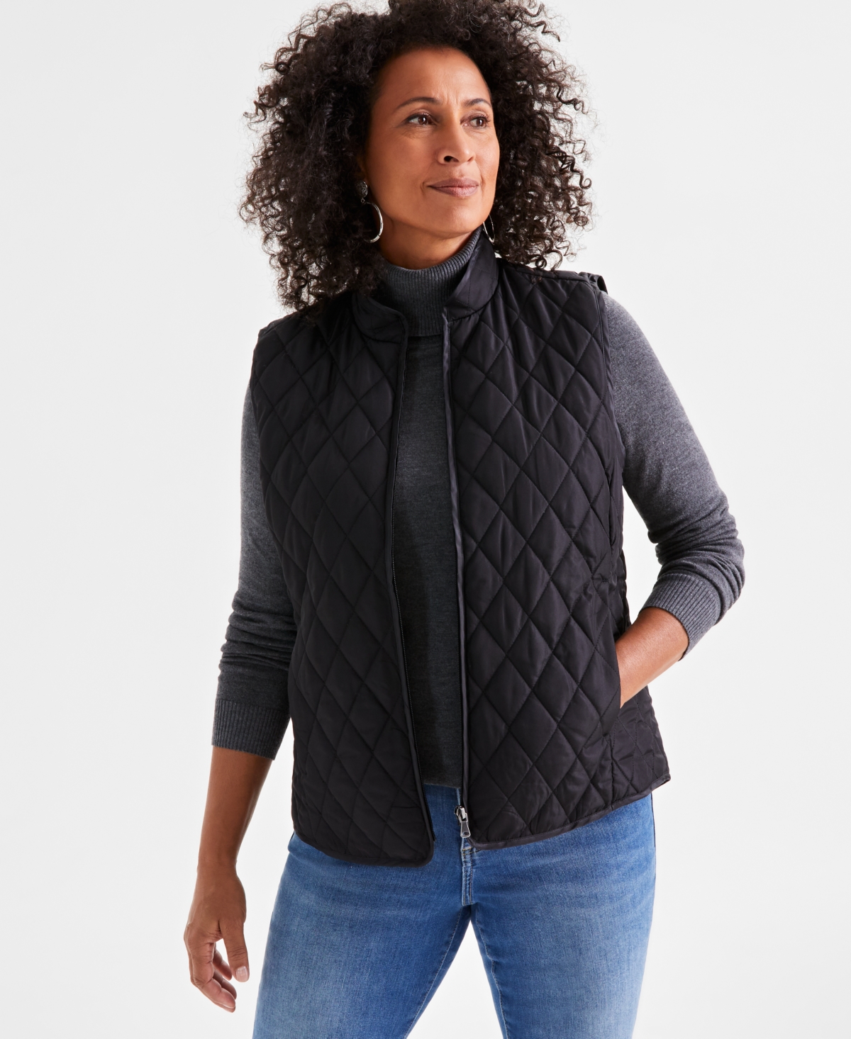 Style & Co Women's Quilted Mock-neck Vest, Created For Macy's In Deep Black