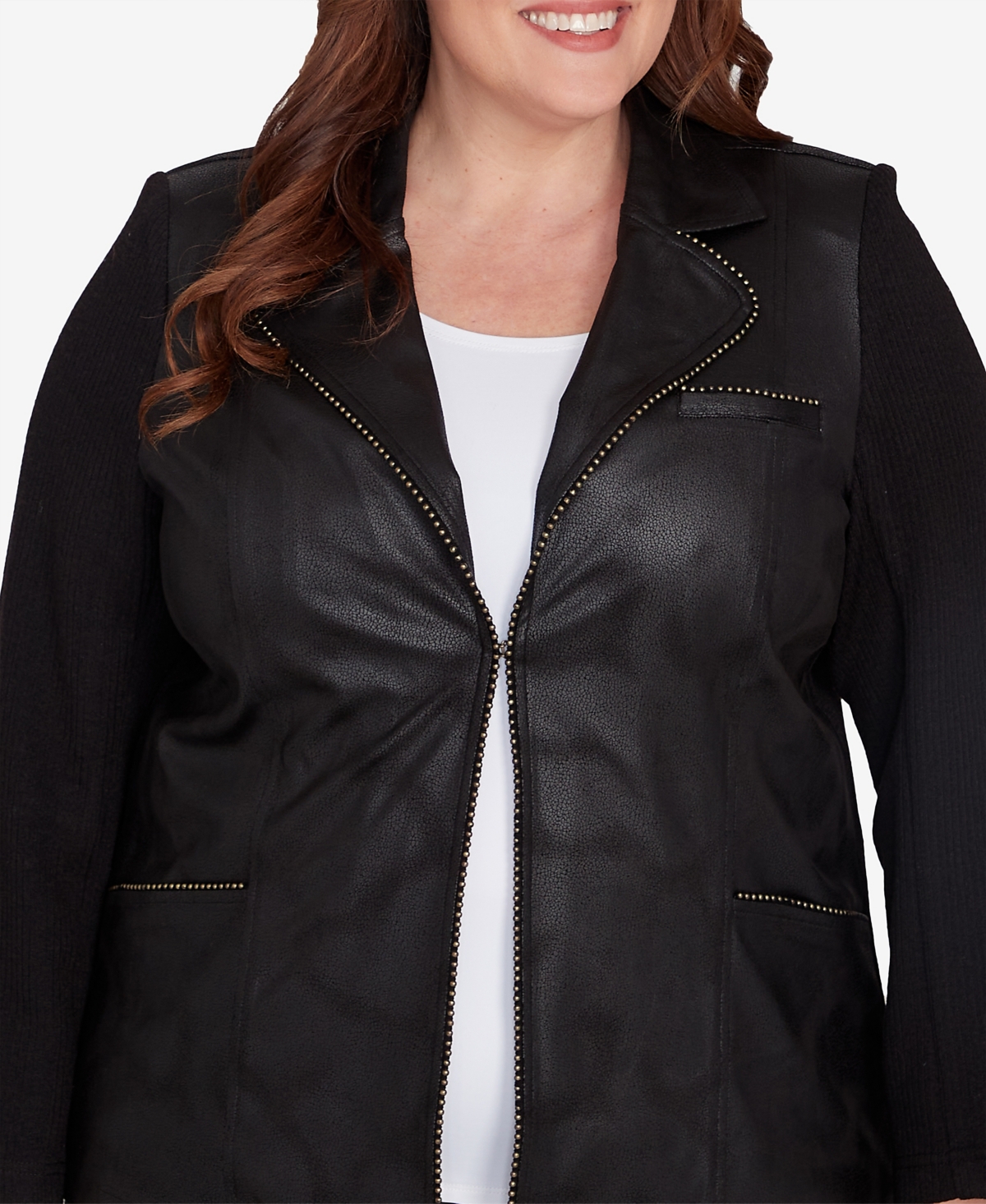 Alfred Dunner Plus Size Rue Rivoli Faux Leather Jacket With Knit Sleeves