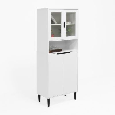 Tall Storage Cabinet with Glass Display & Doors, Modern White Cabinet