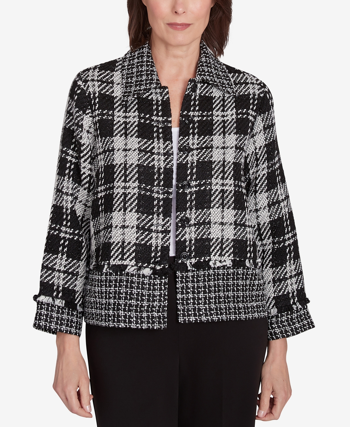 Women's Runway Ready Spliced Plaid Boucle Jacket - Black/White Metallic