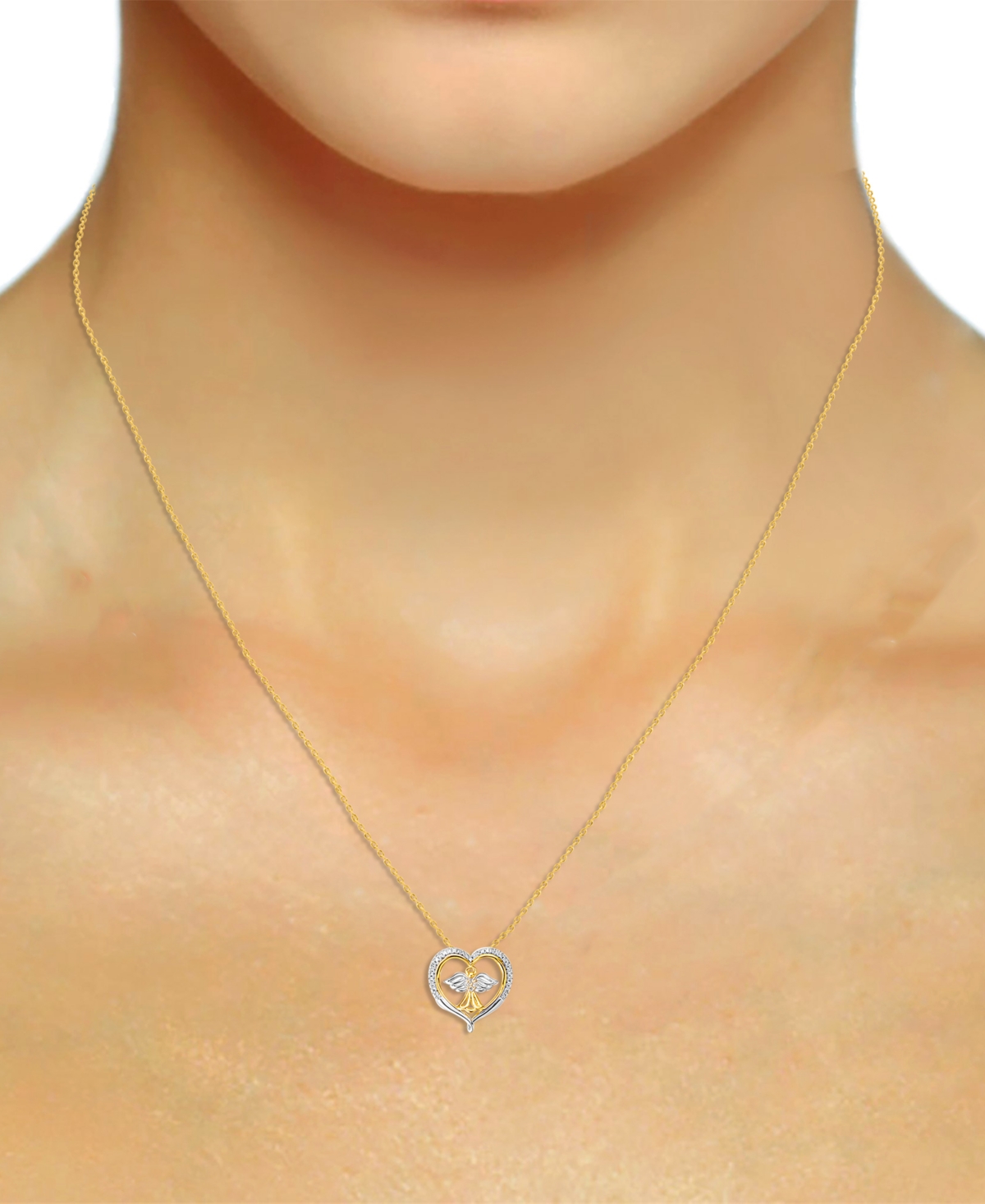 Macy's Diamond Angel Heart 18" Pendant Necklace (1/8 Ct. T.w.) In Sterling Silver & 14k Gold-plate In Sterling Silver  Gold-plate