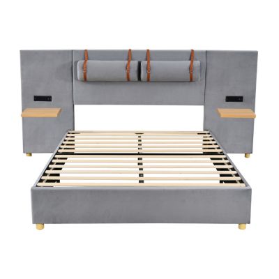 Streamdale Queen Bed with Outlets, Pillows, Shelves, Velvet