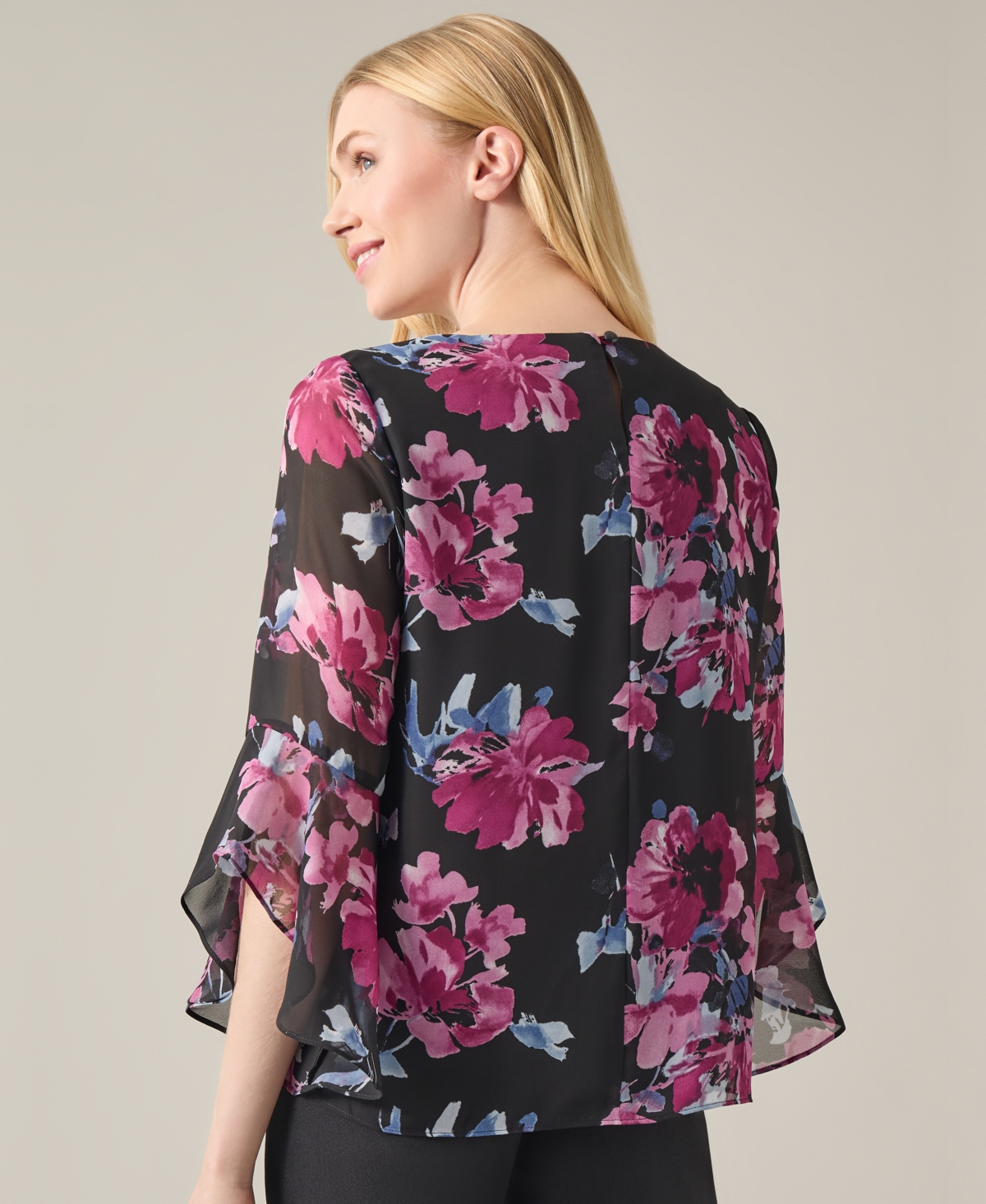 Kasper Women's Floral-Print Ruffle-Sleeve Blouse -Cerise Multi