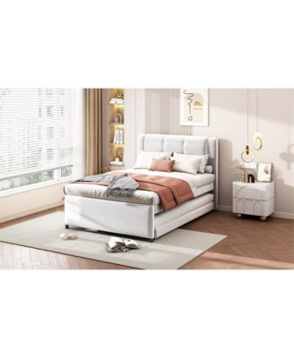 Beige Upholstered Platform Bed with Trundle