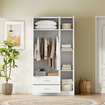 Modern 3-Door Wardrobe with Drawers, Mirror, & Cabinet