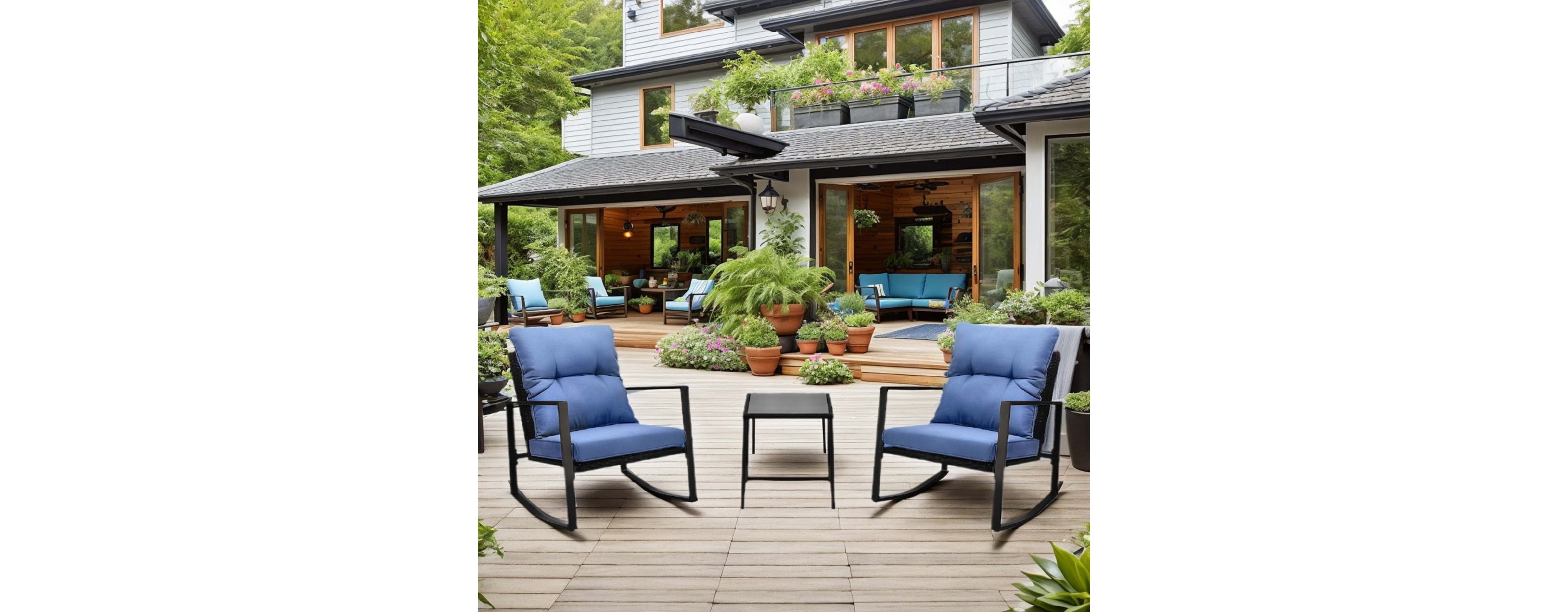 Simplie Fun 3-Piece Outdoor Bistro Set: Rocking Chairs with Blue Cushions