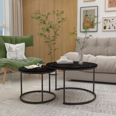 2-Tier Nesting Coffee Table Set with Marble Pattern Top