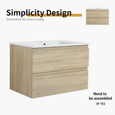 30&amp;#x22; Wood Grain Vanity with Ceramic Sink and Soft-Close Drawers