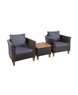 3 Pieces Patio Rattan Bistro Furniture Set with Wooden Table Top
