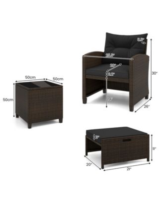 5 Pieces Patio Rattan Furniture with 2 Ottomans and Tempered Glass Coffee Table