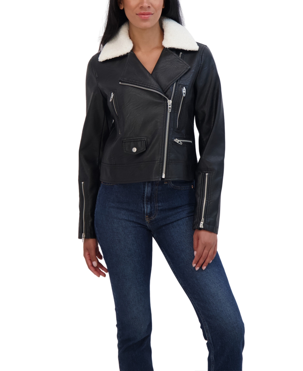 Women's s Faux Leather Moto Jacket With Detachable Faux Fur Collar - Black