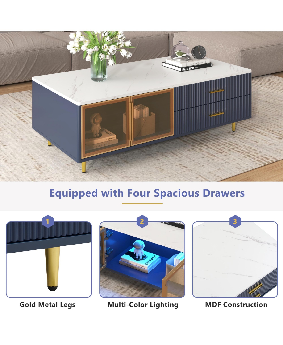 Streamdale Furniture Modern Blue Coffee Table with Storage & Lighting