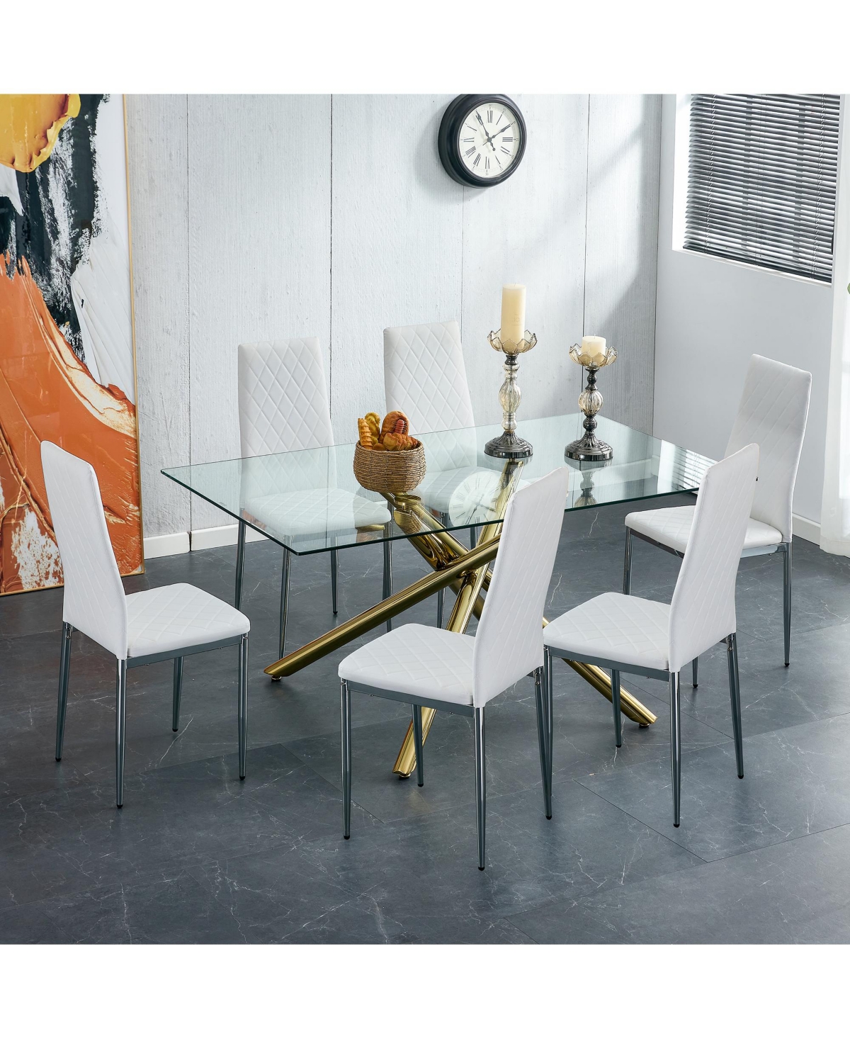 Streamdale Furniture Modern Grid Armless Dining Chair, 6-Piece Set,with Silver Legs - White